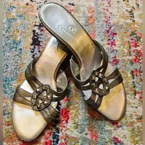 Cole Haan Metallic/Silver Kitten Heel Sandal Mules w/ Metal Stud Detail, Size 7